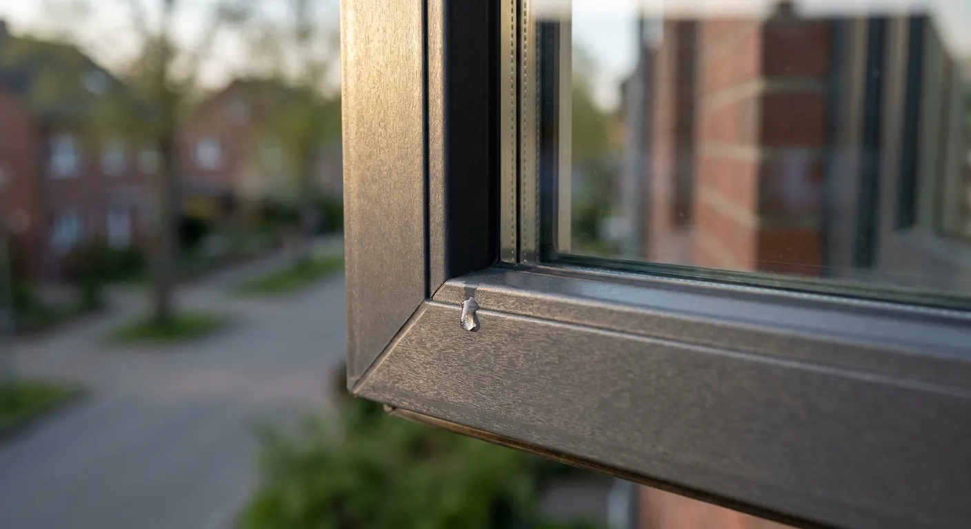 Detailaufnahme eines hochwertigen anthrazitfarbenen Fensterrahmens mit Brandenburger Wohnstraße im Hintergrund