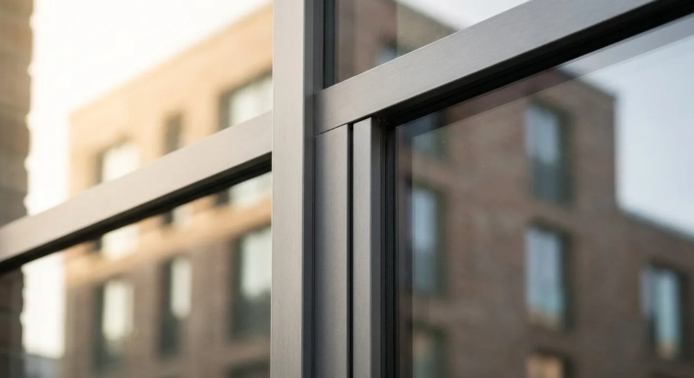 Detail eines schlanken Aluminium-Fensterrahmens in Anthrazit vor moderner Backsteinfassade