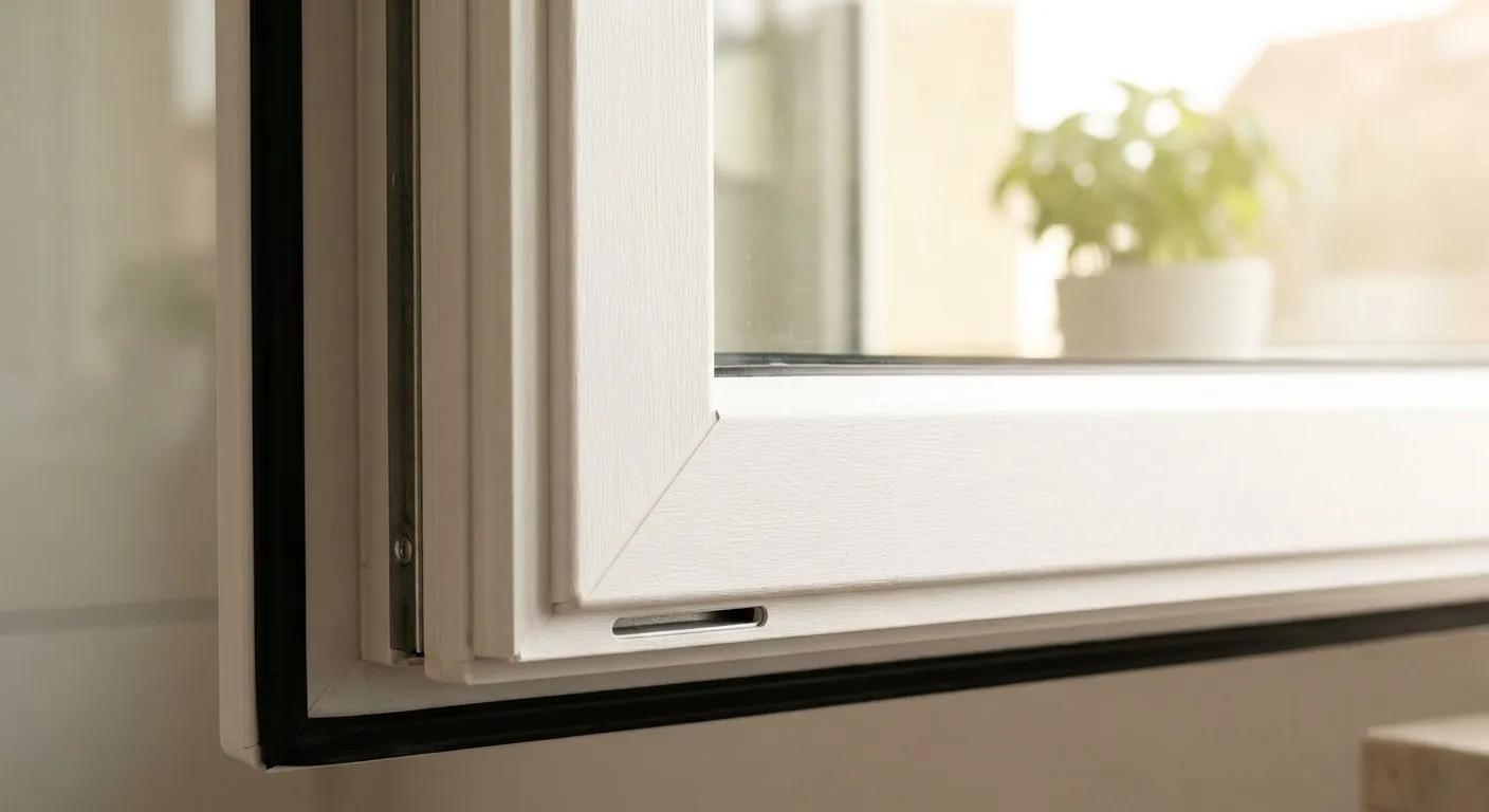 Detail eines weißen Kunststoff-Fensterrahmens mit sichtbarem Mehrkammerprofil